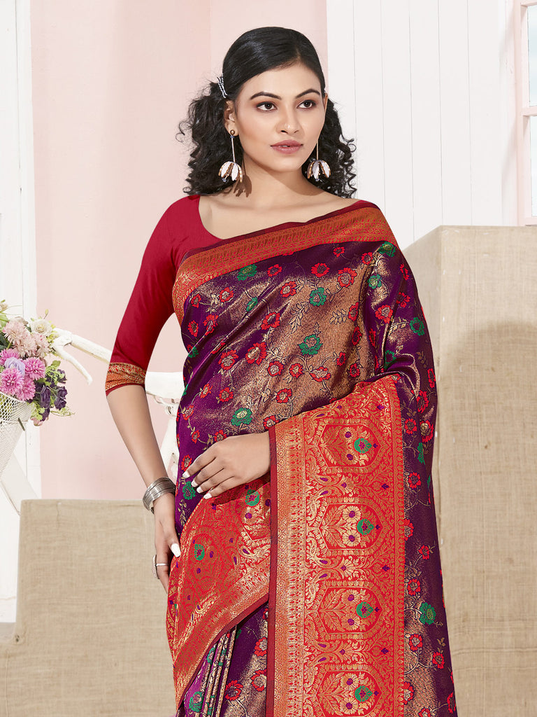 Women's Purple KanJivaram Silk Woven Work Traditional Tassle Saree