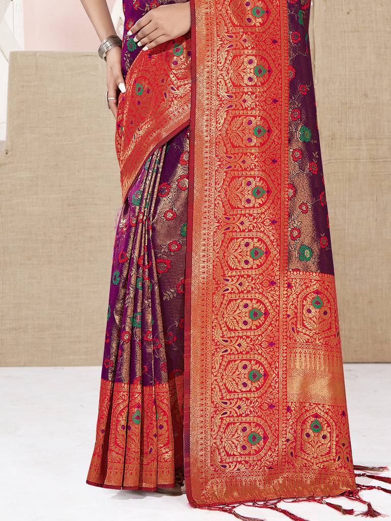 Women's Purple KanJivaram Silk Woven Work Traditional Tassle Saree