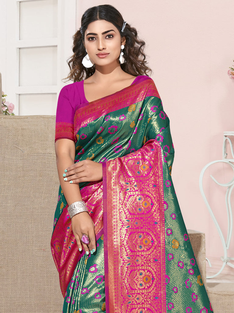 Women's Rama Green KanJivaram Silk Woven Work Traditional Tassle Saree