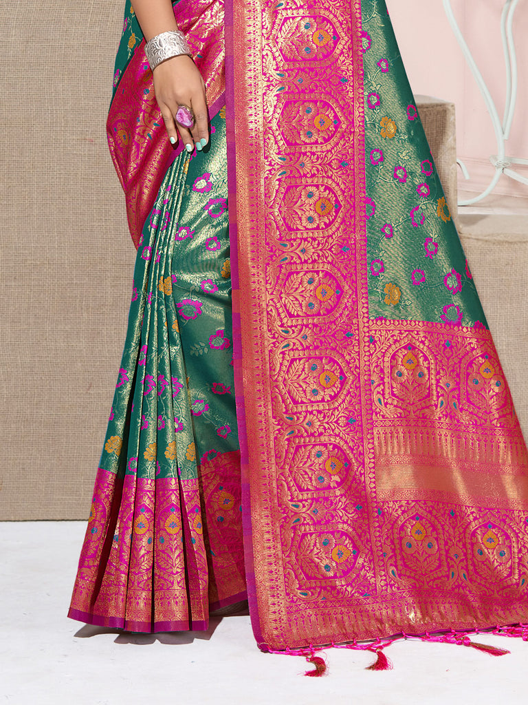Women's Rama Green KanJivaram Silk Woven Work Traditional Tassle Saree