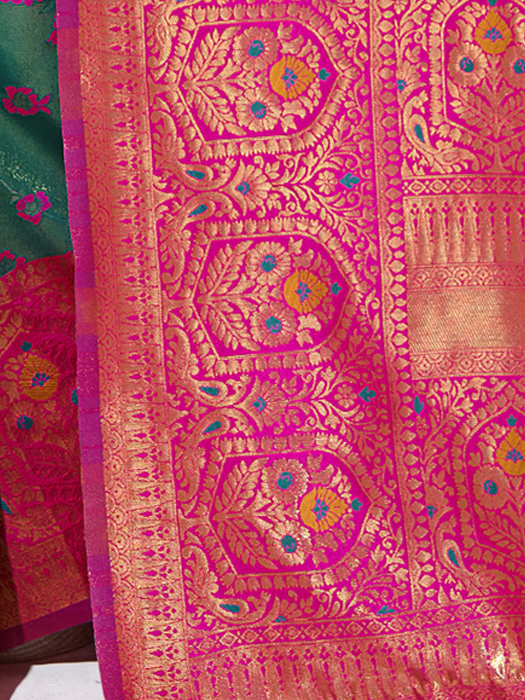 Women's Rama Green KanJivaram Silk Woven Work Traditional Tassle Saree - Sangam Prints