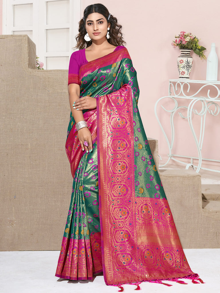 Women's Rama Green KanJivaram Silk Woven Work Traditional Tassle Saree
