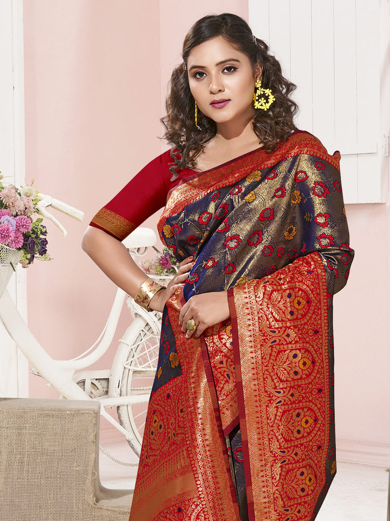 Women's Violet KanJivaram Silk Woven Work Traditional Tassle Saree