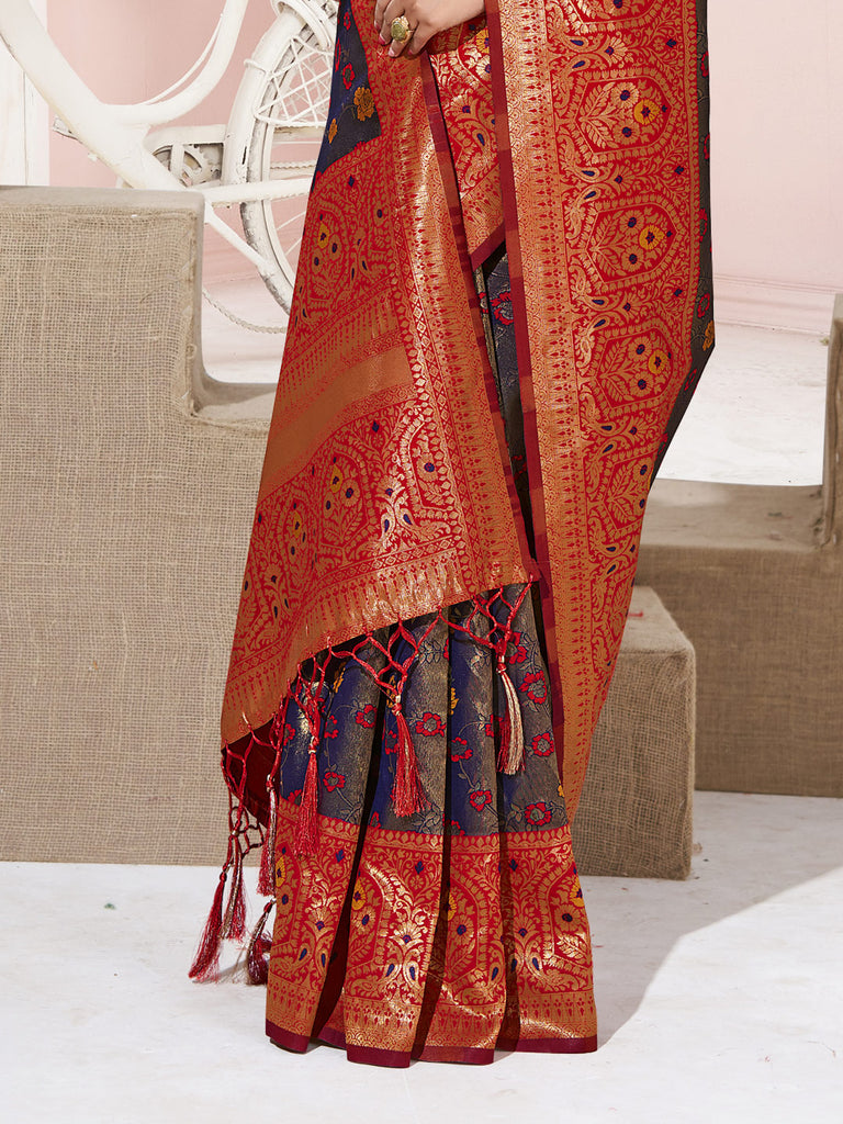 Women's Violet KanJivaram Silk Woven Work Traditional Tassle Saree