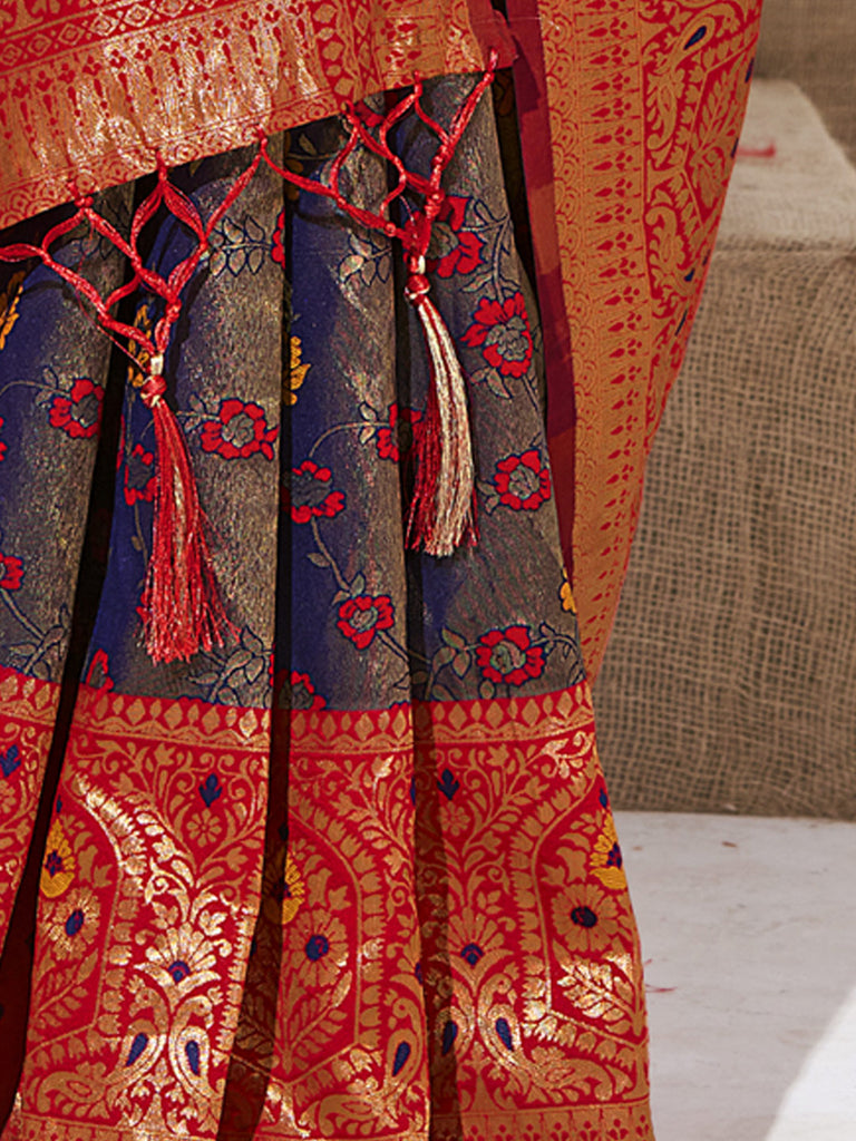 Women's Violet KanJivaram Silk Woven Work Traditional Tassle Saree
