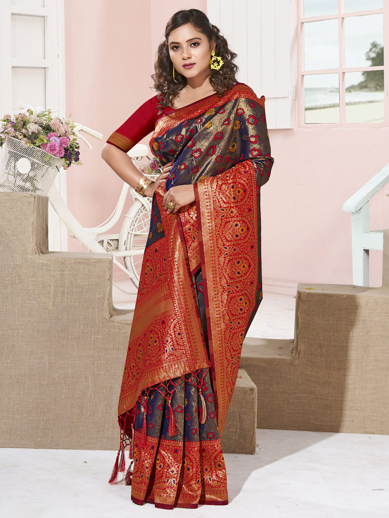 Women's Violet KanJivaram Silk Woven Work Traditional Tassle Saree