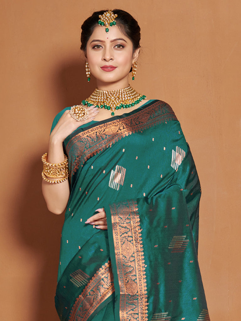 Women's Sea Green Banarasi Silk Woven Zari Work Traditional Saree