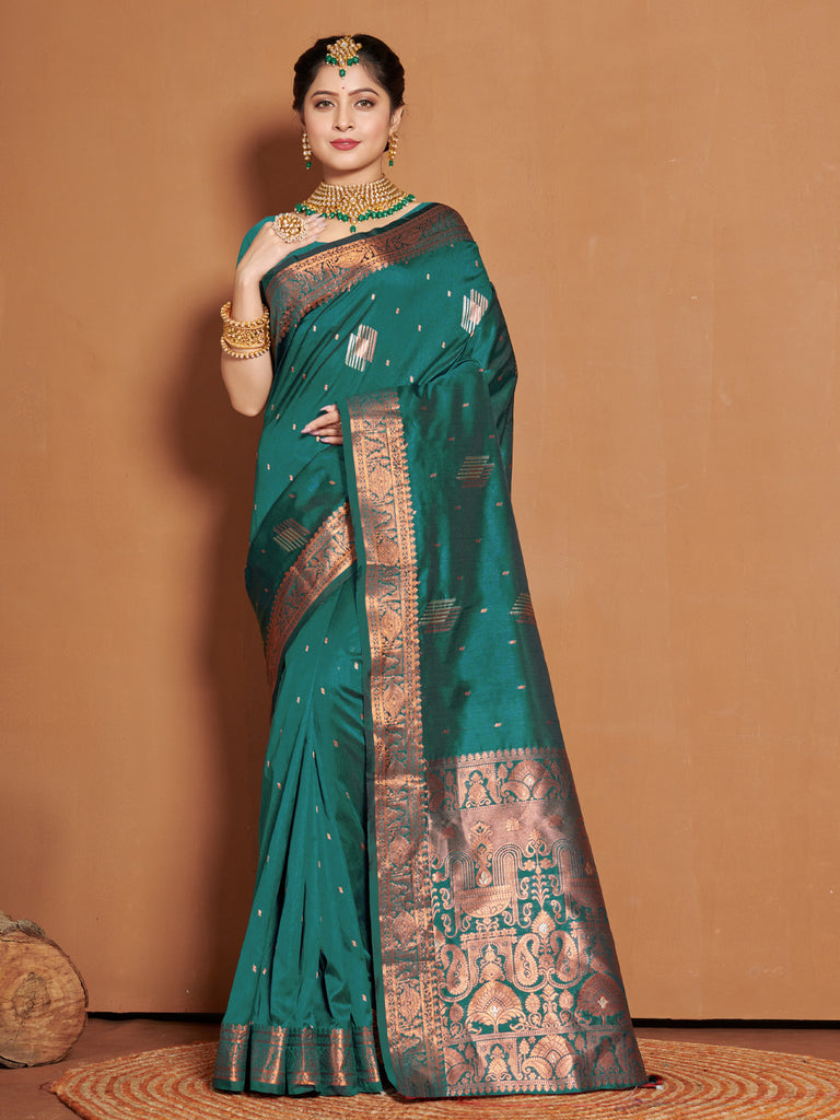 Women's Sea Green Banarasi Silk Woven Zari Work Traditional Saree
