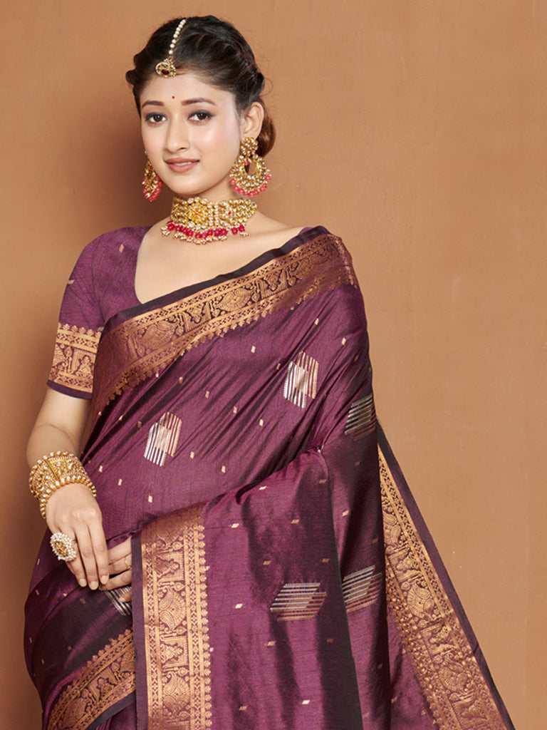 Women's Purple Banarasi Silk Woven Zari Work Traditional Saree