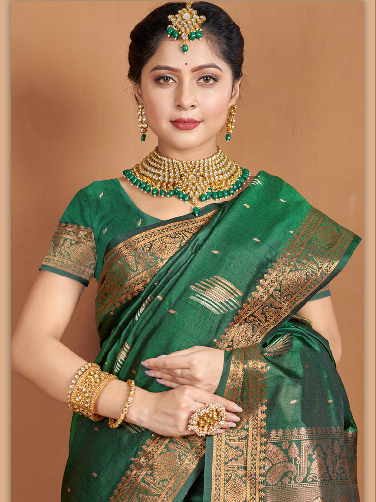 Women's Green Banarasi Silk Woven Zari Work Traditional Saree