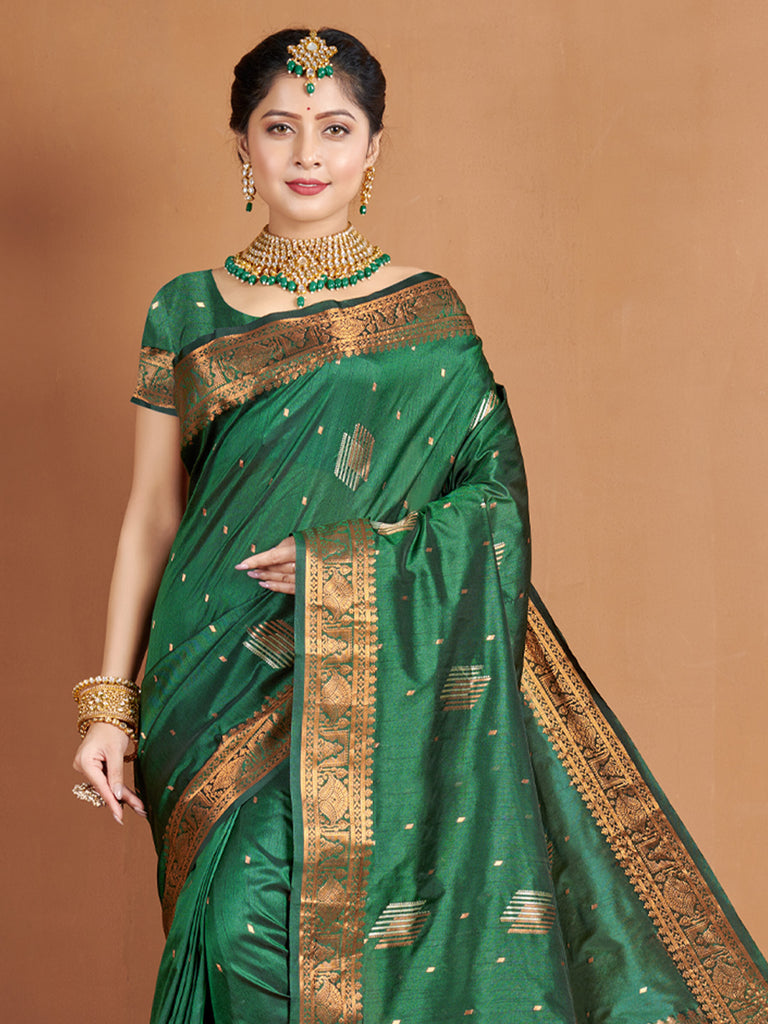 Women's Green Banarasi Silk Woven Zari Work Traditional Saree