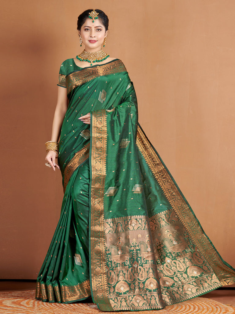 Women's Green Banarasi Silk Woven Zari Work Traditional Saree