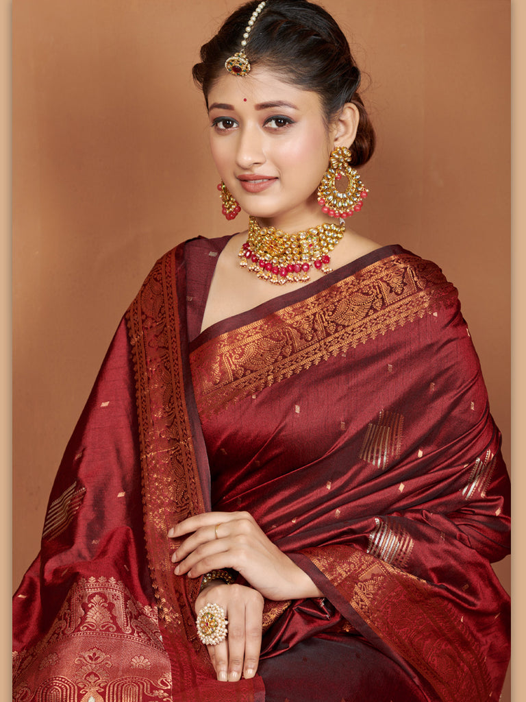 Women's Maroon Banarasi Silk Woven Zari Work Traditional Saree