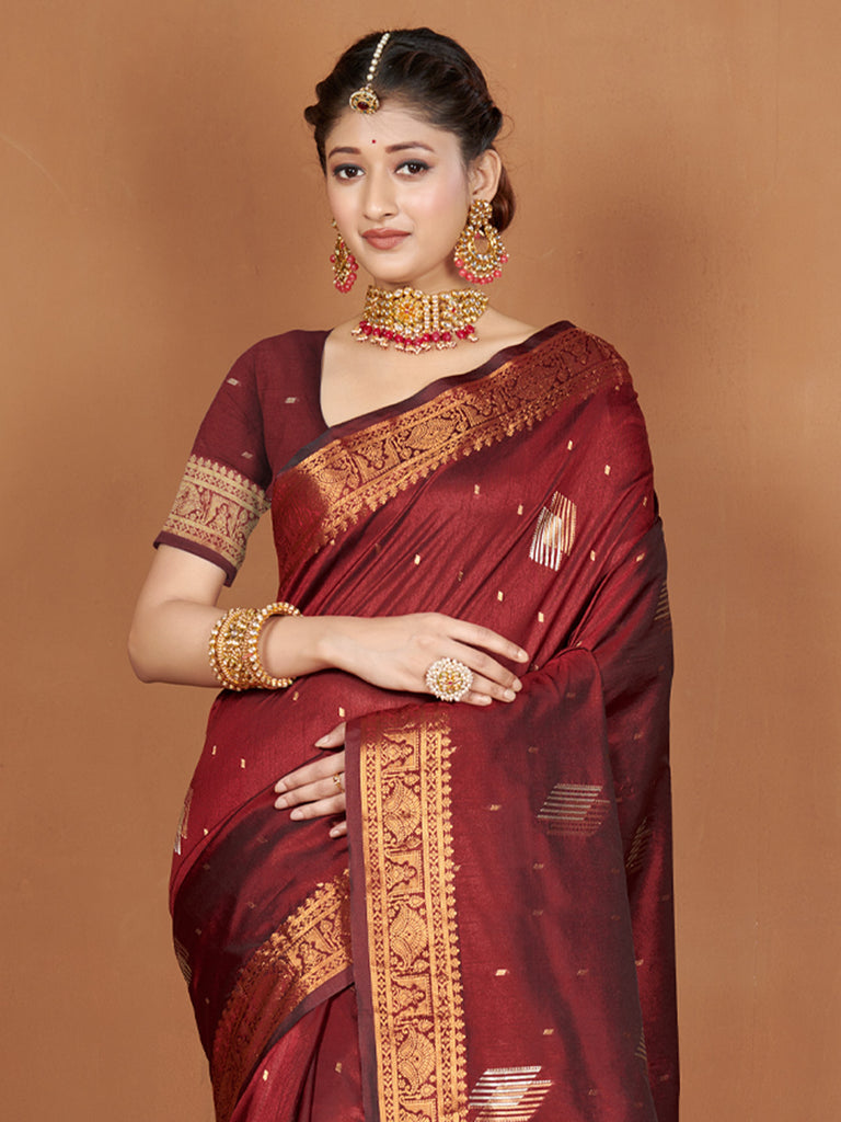 Women's Maroon Banarasi Silk Woven Zari Work Traditional Saree