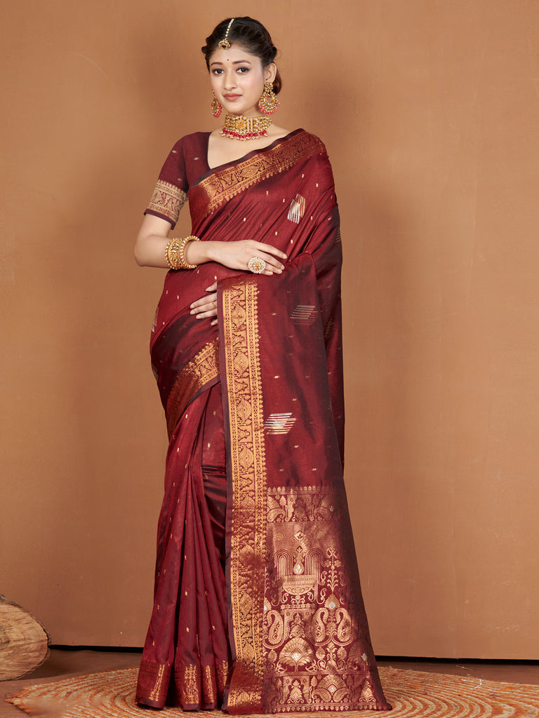 Women's Maroon Banarasi Silk Woven Zari Work Traditional Saree