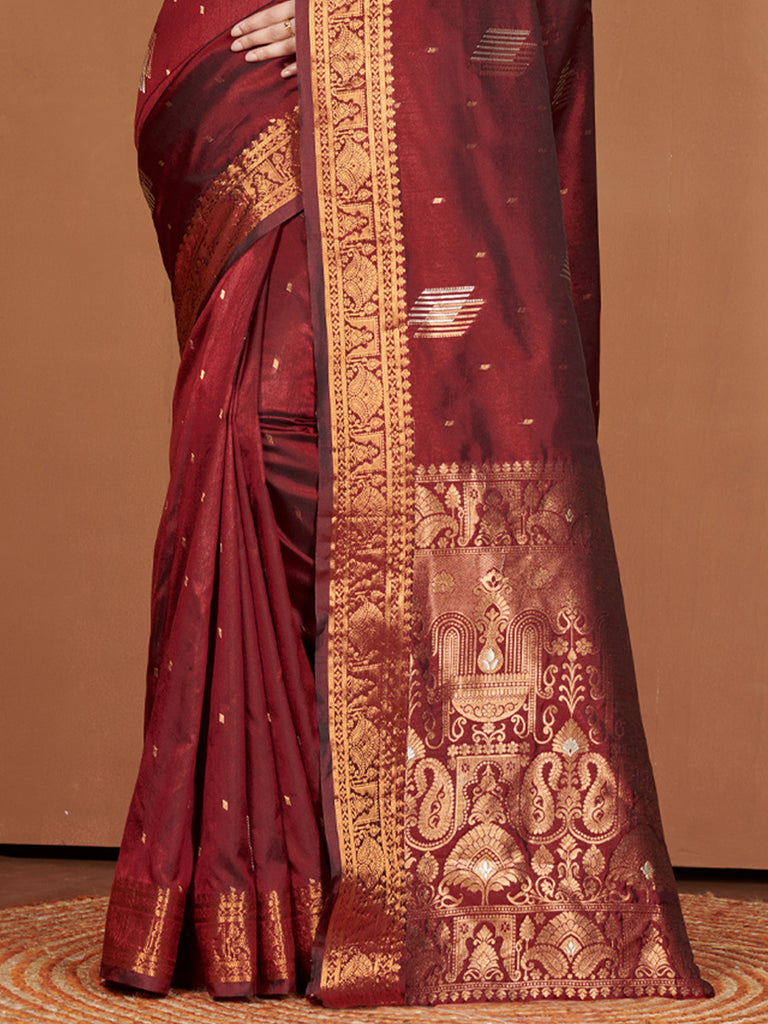 Women's Maroon Banarasi Silk Woven Zari Work Traditional Saree