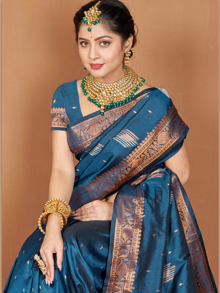 Women's Blue Banarasi Silk Woven Zari Work Traditional Saree