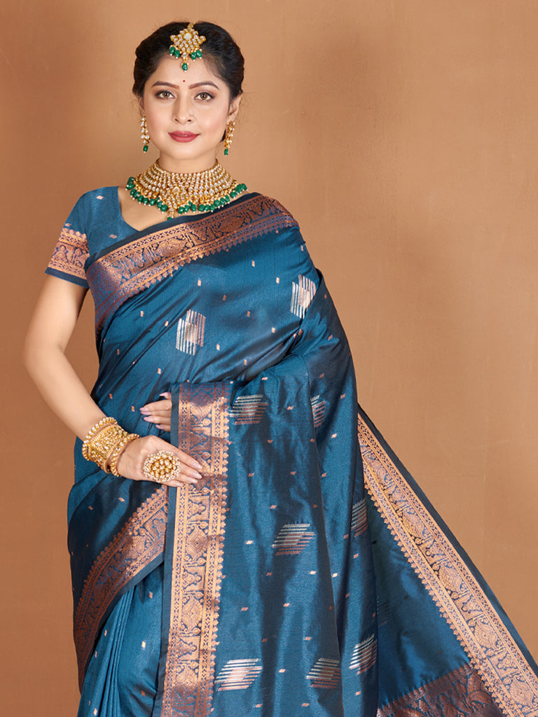 Women's Blue Banarasi Silk Woven Zari Work Traditional Saree