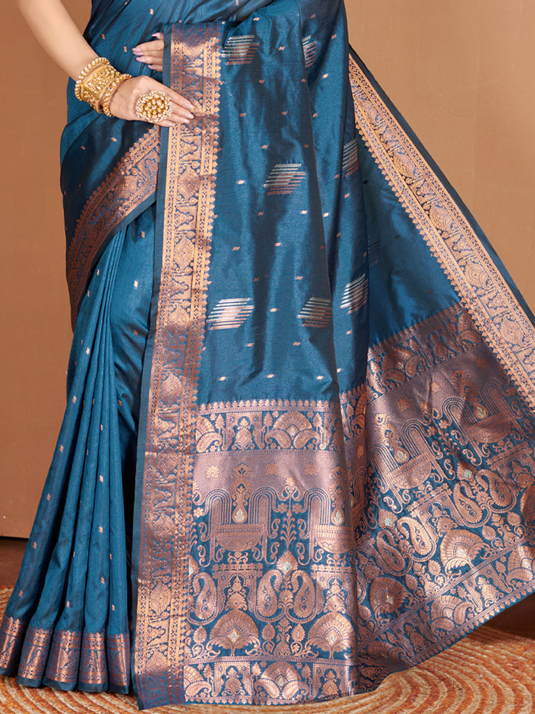 Women's Blue Banarasi Silk Woven Zari Work Traditional Saree