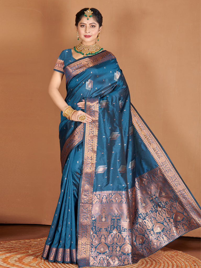Women's Blue Banarasi Silk Woven Zari Work Traditional Saree