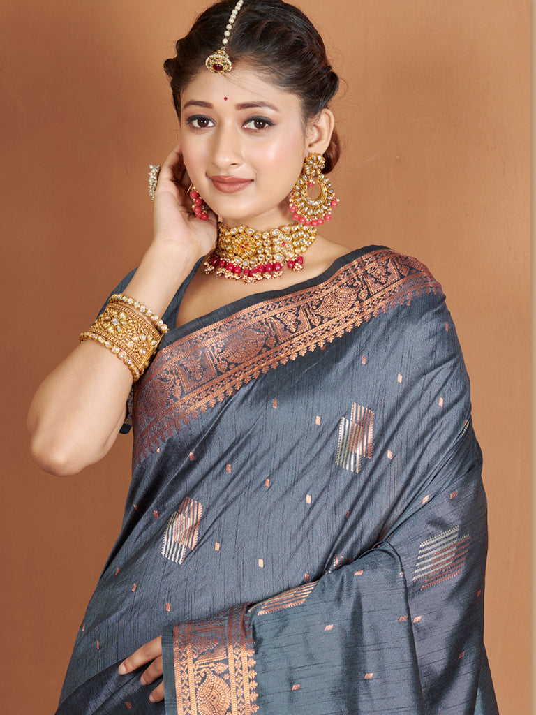 Women's Grey Banarasi Silk Woven Zari Work Traditional Saree