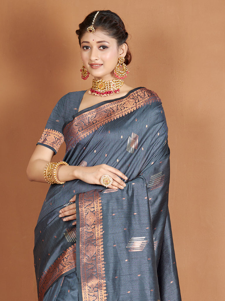 Women's Grey Banarasi Silk Woven Zari Work Traditional Saree