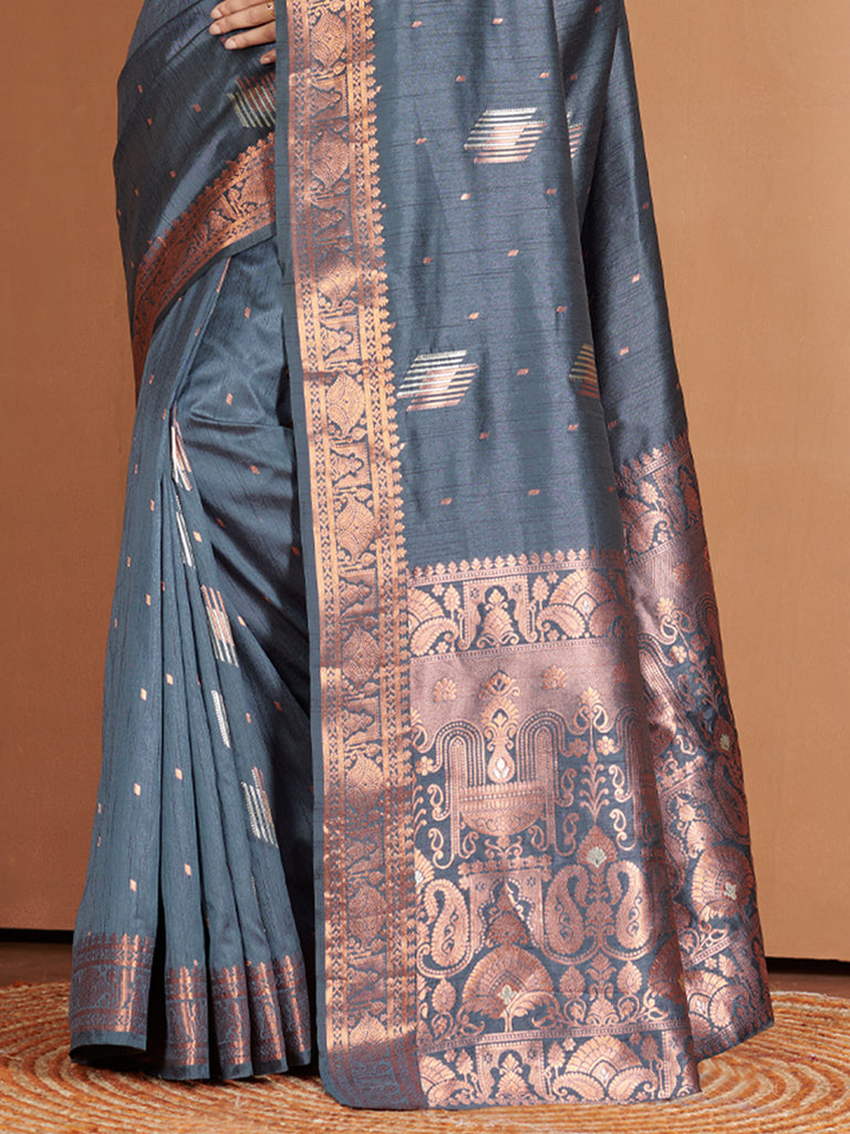 Women's Grey Banarasi Silk Woven Zari Work Traditional Saree