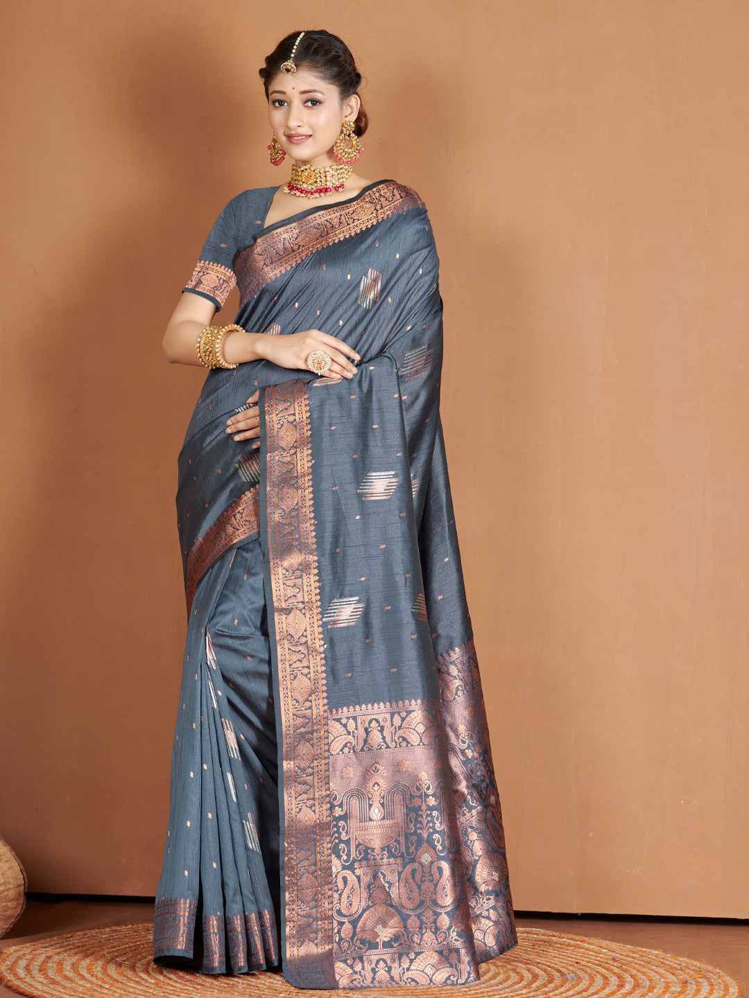 Women's Grey Banarasi Silk Woven Zari Work Traditional Saree - Sangam Prints
