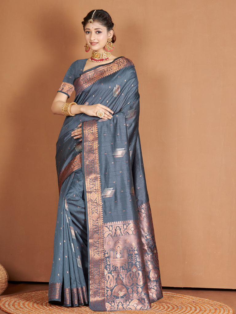 Women's Grey Banarasi Silk Woven Zari Work Traditional Saree