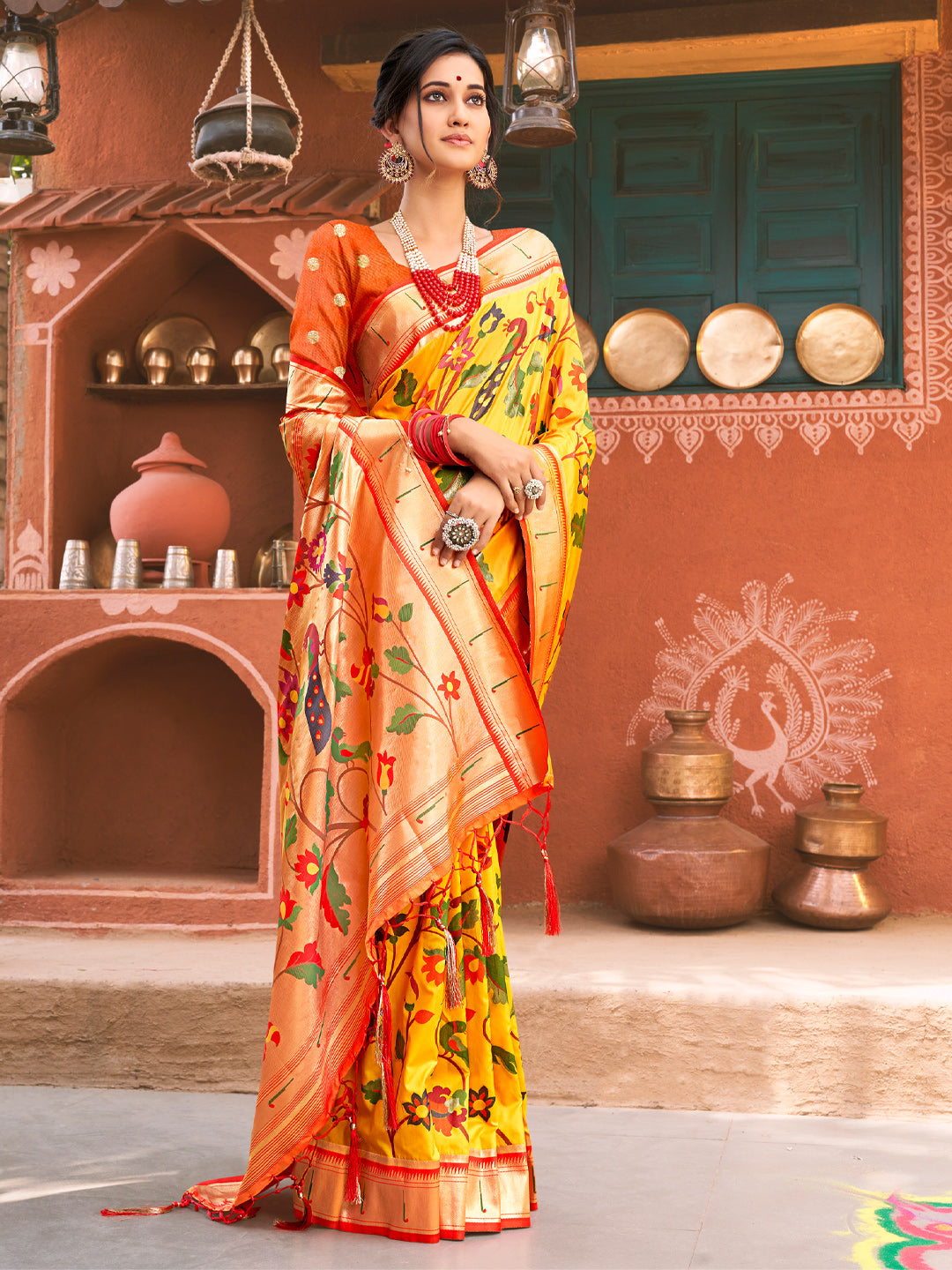 Women's Yellow Paithani Silk Woven Work Traditional Tassle Saree - Sangam Prints