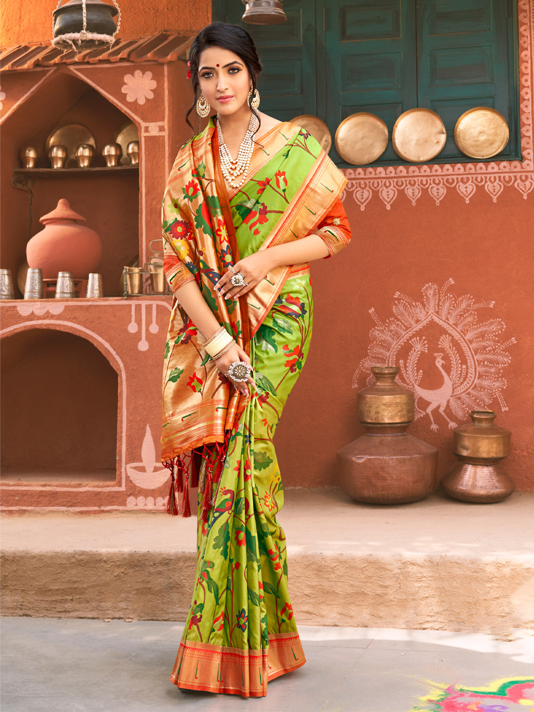 Women's Sea Green Paithani Silk Woven Work Traditional Tassle Saree - Sangam Prints