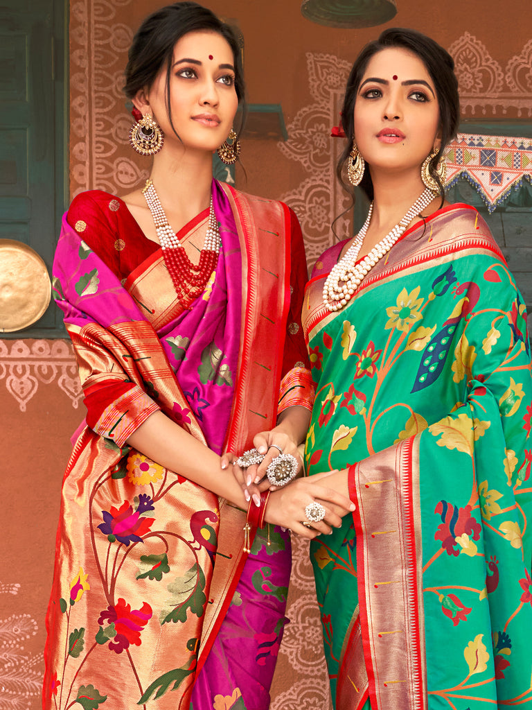 Women's Pink Paithani Silk Woven Work Traditional Tassle Saree