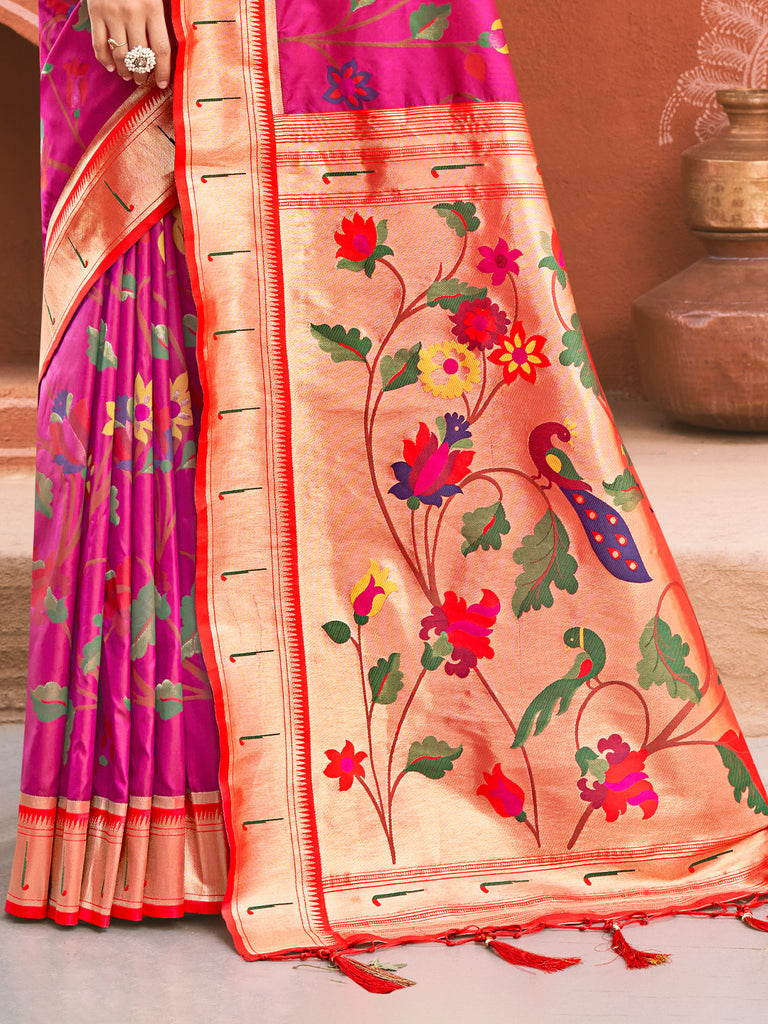 Women's Pink Paithani Silk Woven Work Traditional Tassle Saree
