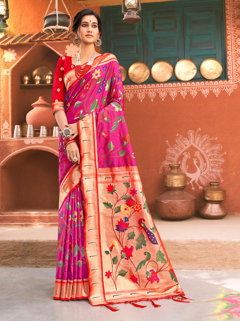 Women's Pink Paithani Silk Woven Work Traditional Tassle Saree
