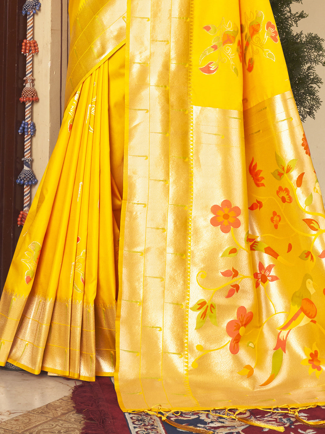 Women's Yellow Paithani Silk Woven Work Traditional Tassle Saree - Sangam Prints