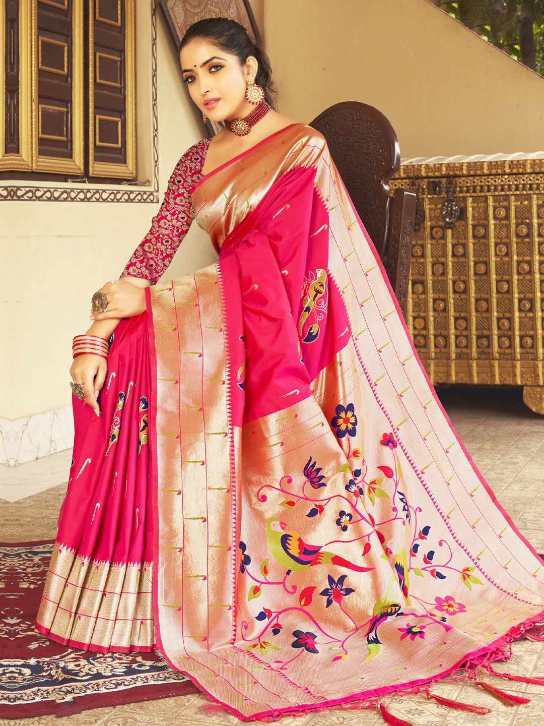 Women's Pink Paithani Silk Woven Work Traditional Tassle Saree - Sangam Prints
