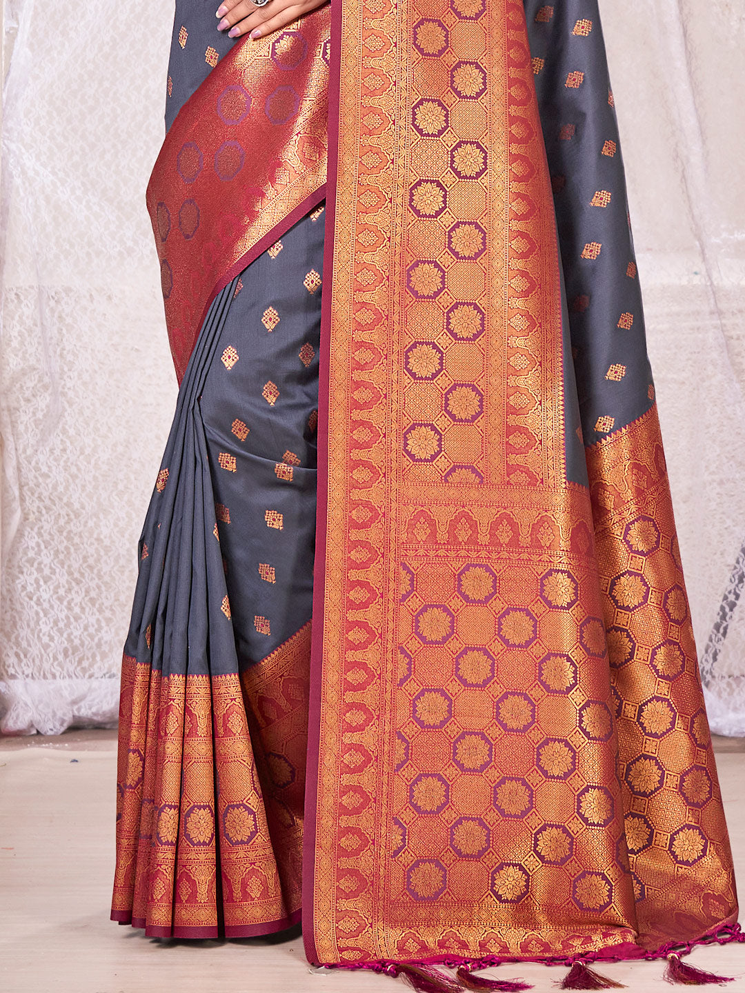 Women's Grey Banarasi Silk Woven Work Traditional Tassle Saree - Sangam Prints