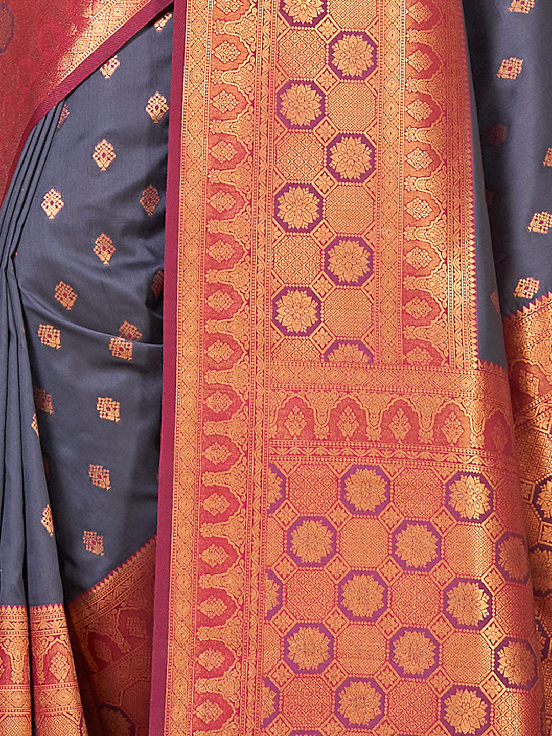 Women's Grey Banarasi Silk Woven Work Traditional Tassle Saree - Sangam Prints