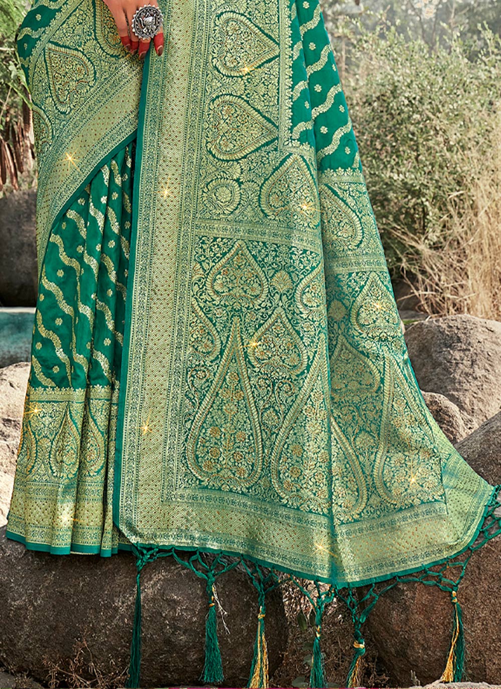 Women's Green Banarasi Silk Siroski Stone Work Traditional Tassle Saree - Sangam Prints