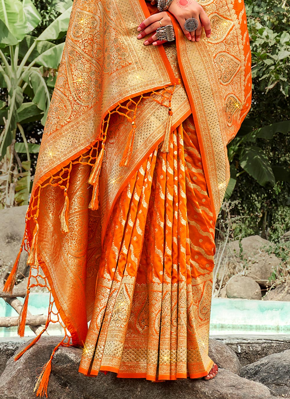 Women's Mustard Banarasi Silk Siroski Stone Work Traditional Tassle Saree - Sangam Prints