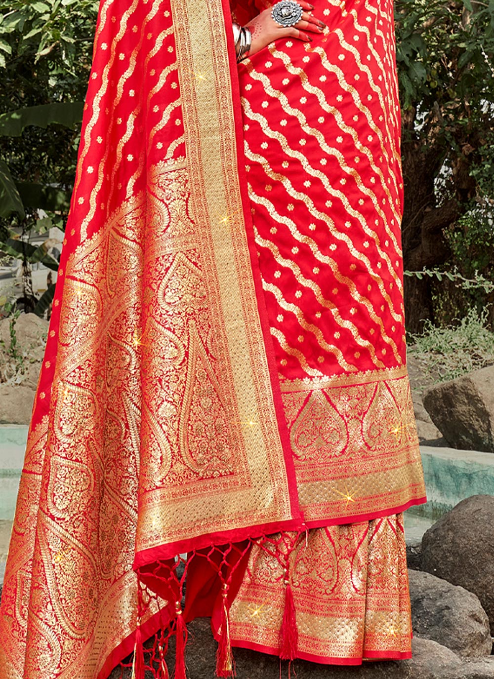 Women's Red Banarasi Silk Siroski Stone Work Traditional Tassle Saree - Sangam Prints