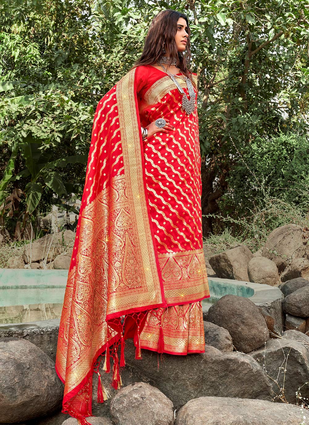 Women's Red Banarasi Silk Siroski Stone Work Traditional Tassle Saree - Sangam Prints