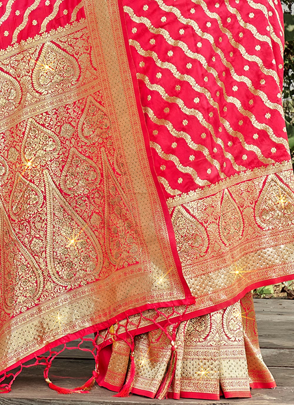 Women's Light Pink Banarasi Silk Siroski Stone Work Traditional Tassle Saree - Sangam Prints