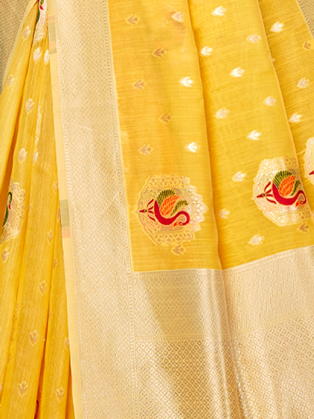 Women's Yellow Cotton Woven Work Traditional Tassle Saree - Sangam Prints