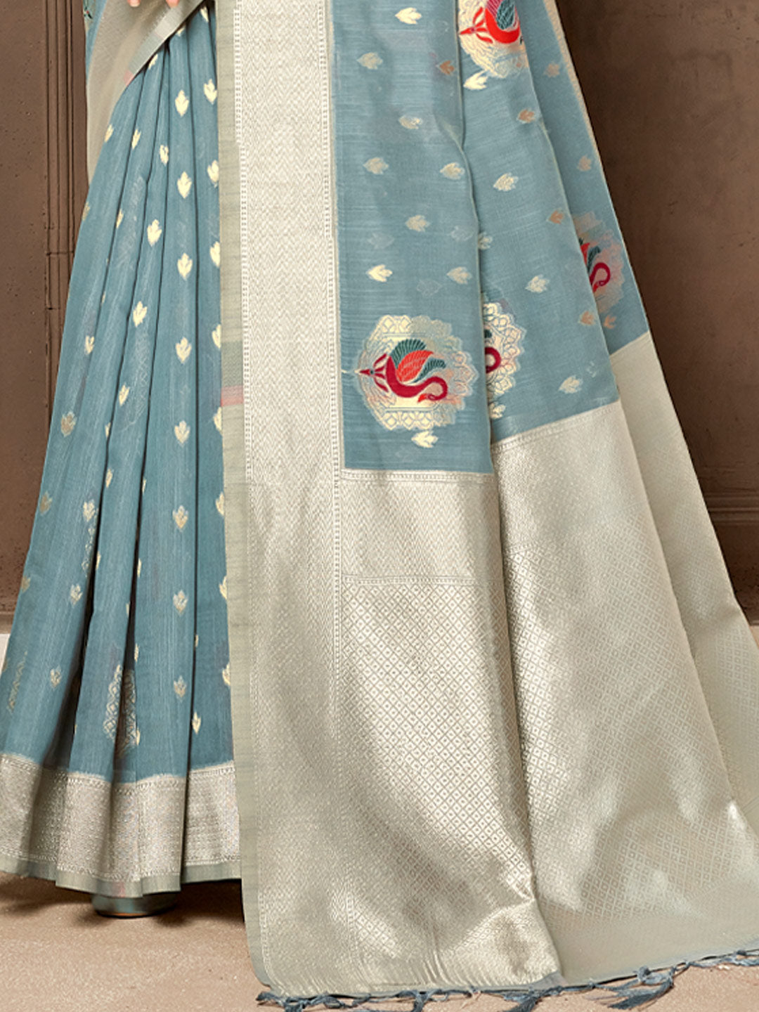 Women's Grey Cotton Woven Work Traditional Tassle Saree - Sangam Prints