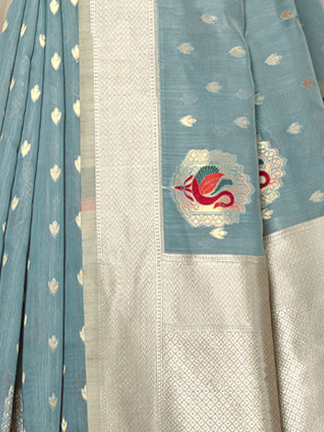 Women's Grey Cotton Woven Work Traditional Tassle Saree - Sangam Prints