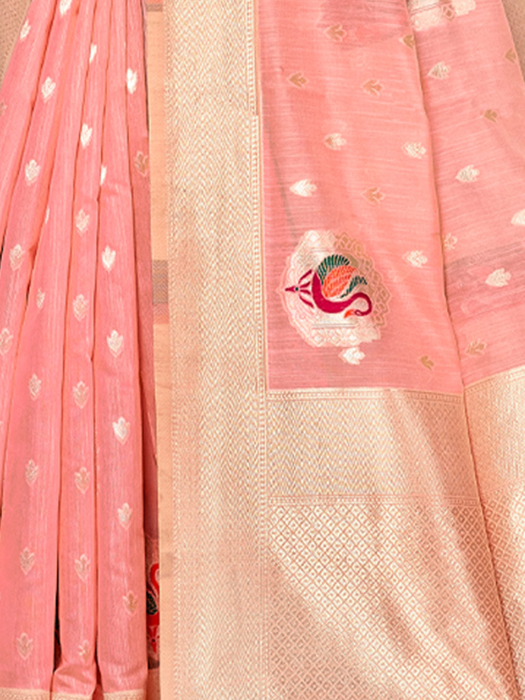 Women's Peach Cotton Woven Work Traditional Tassle Saree - Sangam Prints