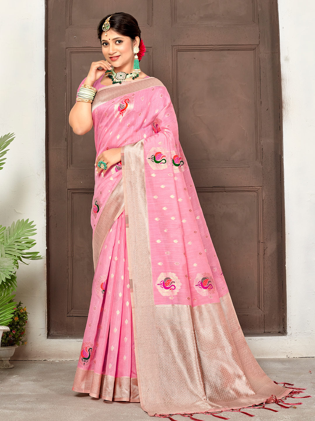 Women's Pink Cotton Woven Work Traditional Tassle Saree - Sangam Prints