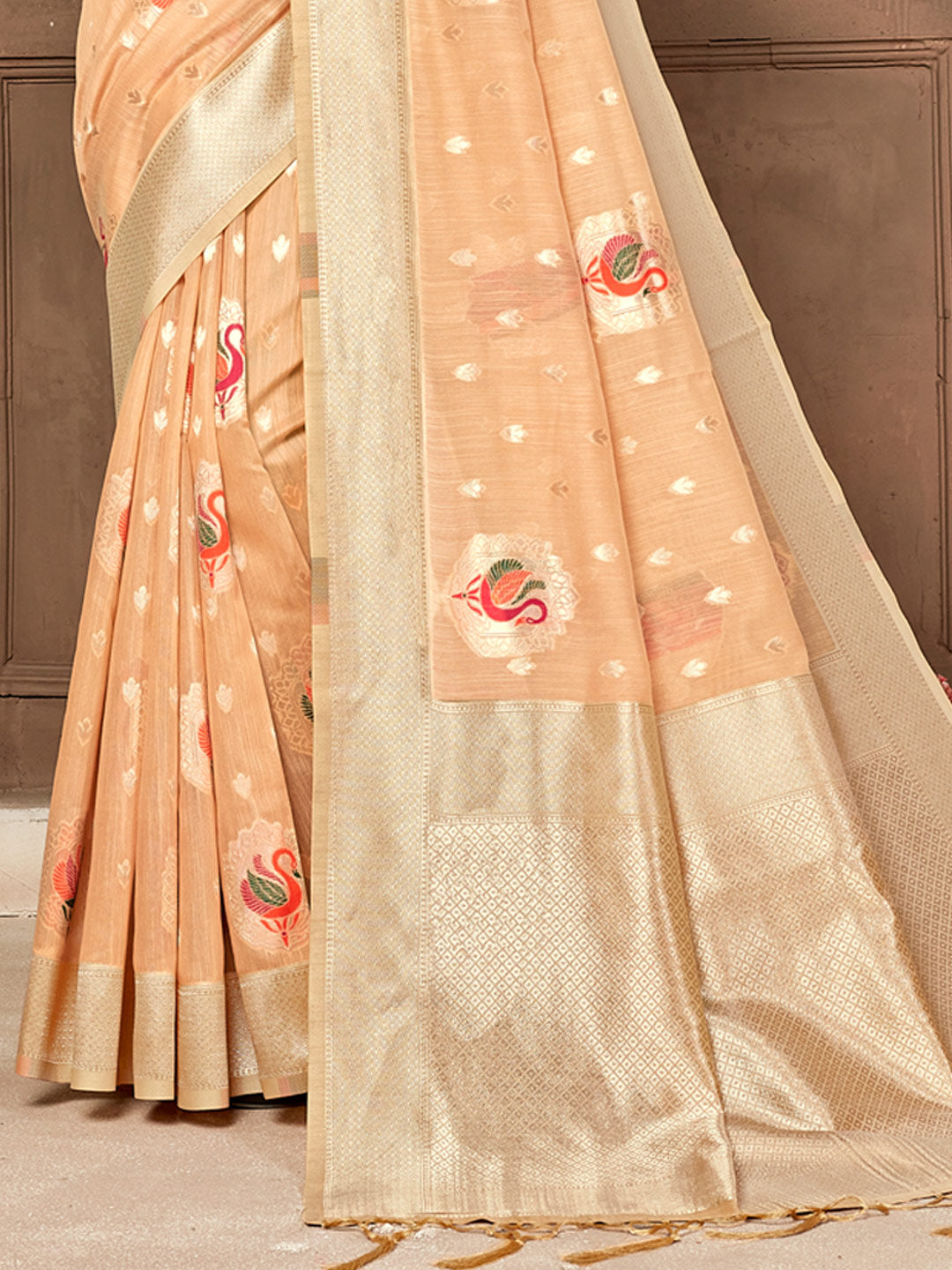 Women's Cream Cotton Woven Work Traditional Tassle Saree - Sangam Prints