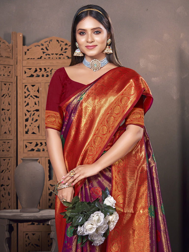Women's Purple KanJivaram Silk Woven Work Traditional Tassle Saree